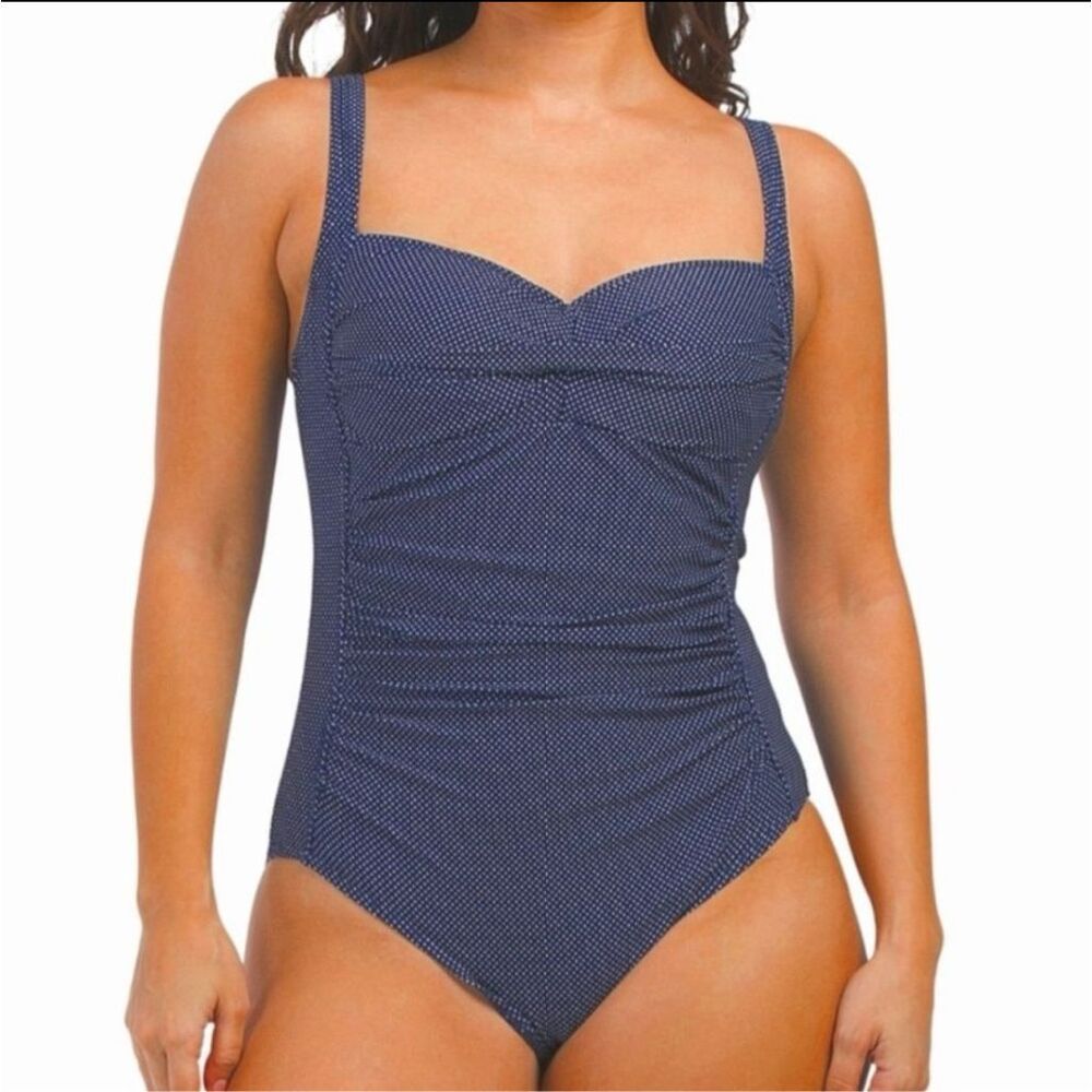NIP TUCK Navy Blue White Micro Polkadot One Piece Ruched Swimsuit
